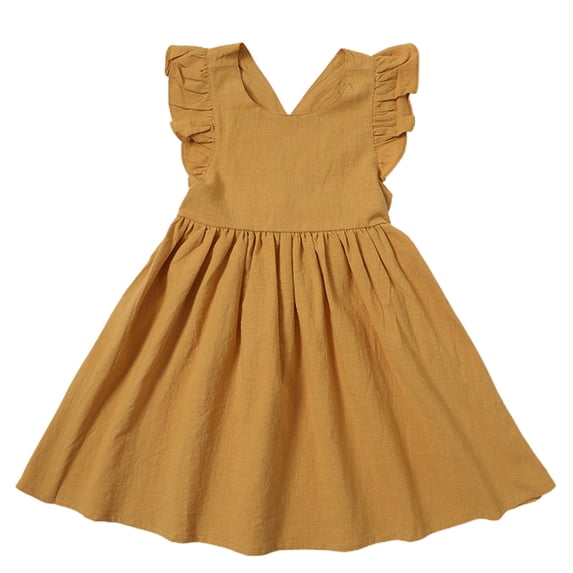 IFNWSV Girls Casual Dress Sleeveless Cross Strap Button Closure A Line Solid Color Summer Sundress with Pockets Yellow 2-3 Years