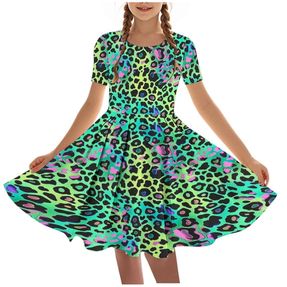 IFNWSV Girls Dance Dress Short Sleeve Round Neck Leopard Print Stretch Casual Summer Swing Dress Green 5 Years