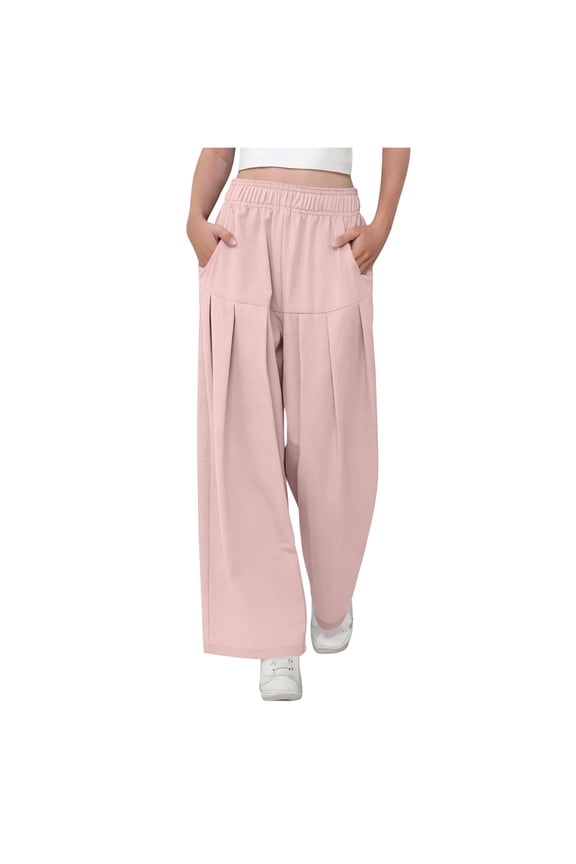 Girls Dress Pants High Waist Solid Loose Wide Leg With Pockets Anti Static Pleated Pink 9-10 Years