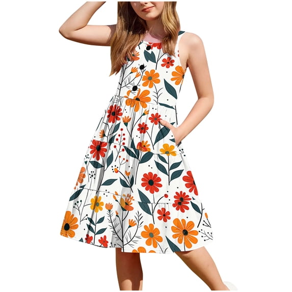 IFNWSV Girls Dress Sleeveless Round Neck Solid Color Cotton Blend Dress Knee Length 6-7 Years