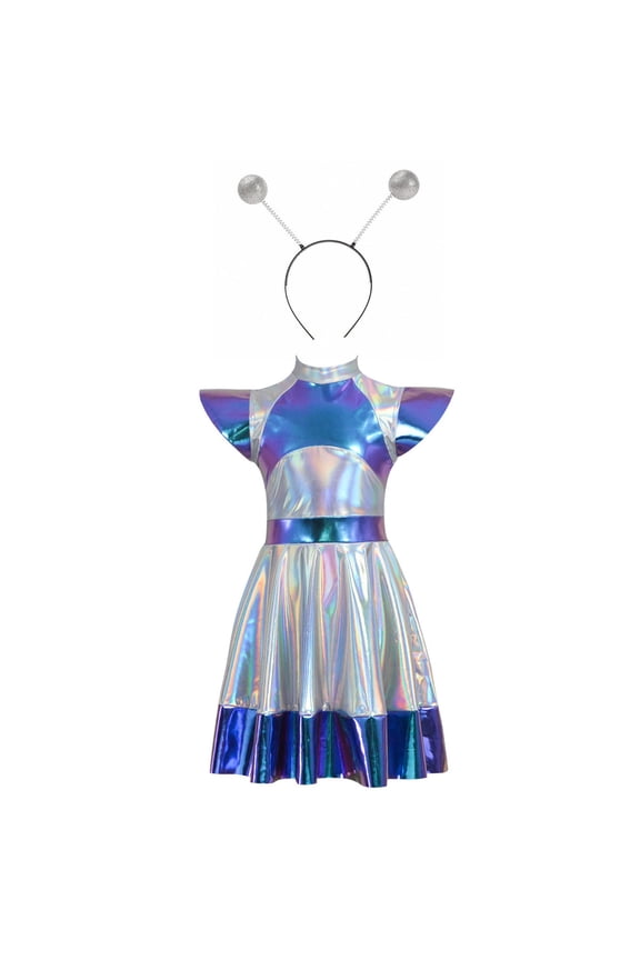 Girls Dresses Alien Dress Space Dress Metallic Dance Dress Headband Space Astronaut Dresses Carnival Fancy Dress Performance Dance Dress White 5-6Years