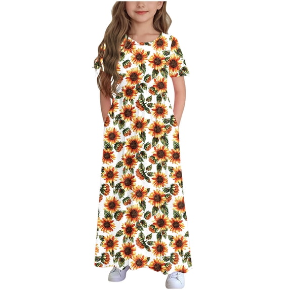 IFNWSV Girls Dresses Kids Solid Color Short Sleeve Ruffled Pockets Round-Neck Print Dress for Multicolor 8-9 Years