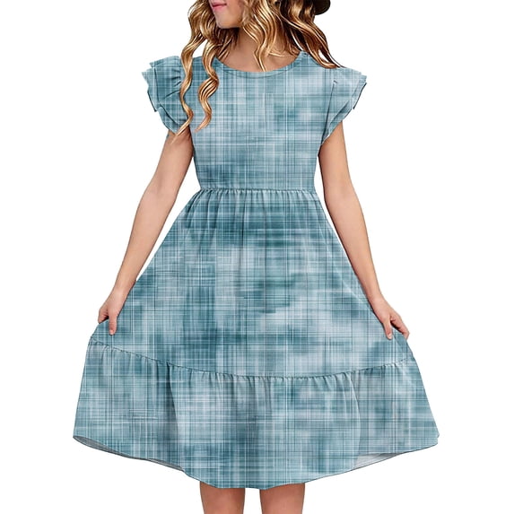 IFNWSV Girls Dresses Kids Summer Double Layer Ruffle Sleeve Dress Sky Blue 9 Years