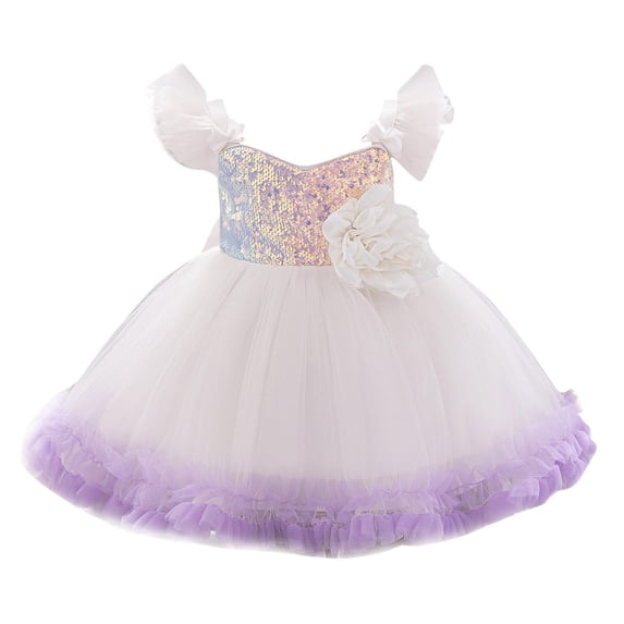 IFNWSV Girls Dresses Summer One Year Old Baby Skirt Baby Flying Sleeves Sequins Three-dimensional Flower Mesh Princess Skirt Bow Dress Performance Dress Laundry Dress White 6-9 Months