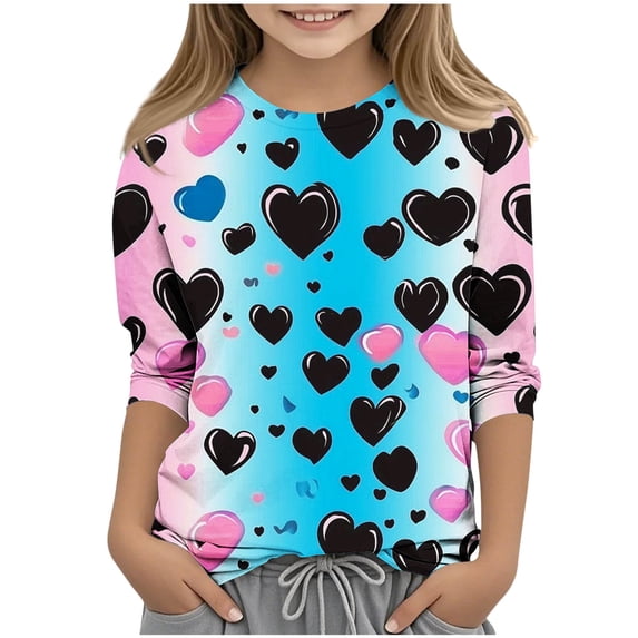 IFNWSV Girls Graphic Shirts 3/4 Sleeve Crew Neck Heart Print Pullover Top Casual Valentine Tee for Daily Wear Multicolor 9-10 Years