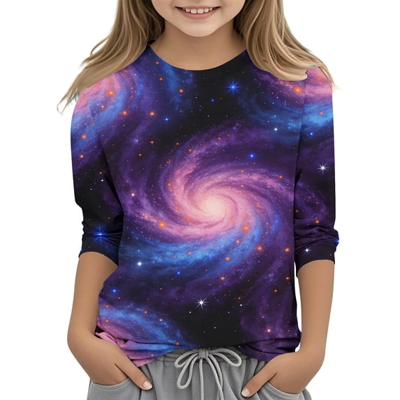IFNWSV Girls Fall Shirts Round Neck 3/4 Sleeve Star Print Pullover Top Casual Lightweight Knit Shirt