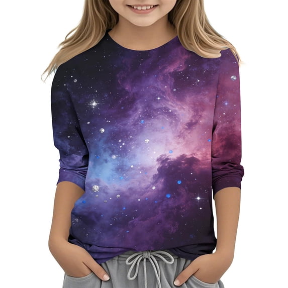 IFNWSV Girls Fall Shirts Round Neck 3/4 Sleeve Star Print Pullover Top Casual Lightweight Knit Shirt