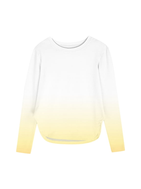 Girls Graphic Tees Long Sleeve Crewneck Gradient Side Split Hem Pullover Top Casual Print T Shirt Yellow 5 Years