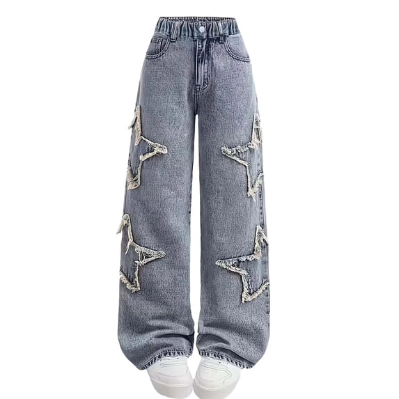 IFNWSV Girls Jeans Cherry Print Relaxed Straight Wide Leg Denim Trousers Blue 5-6 Years