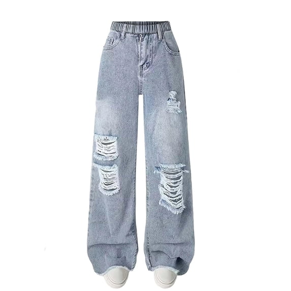 IFNWSV Girls Jeans Cherry Print Relaxed Straight Wide Leg Denim Trousers Blue 8-9 Years