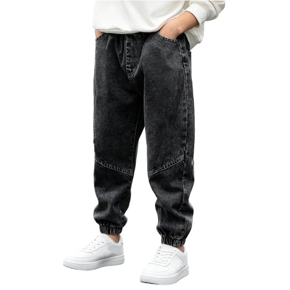 IFNWSV Girls Jeans Solid Elastic Waistband Pocket Denim Joggers Casual Straight Leg Pants Black 2-3 Years