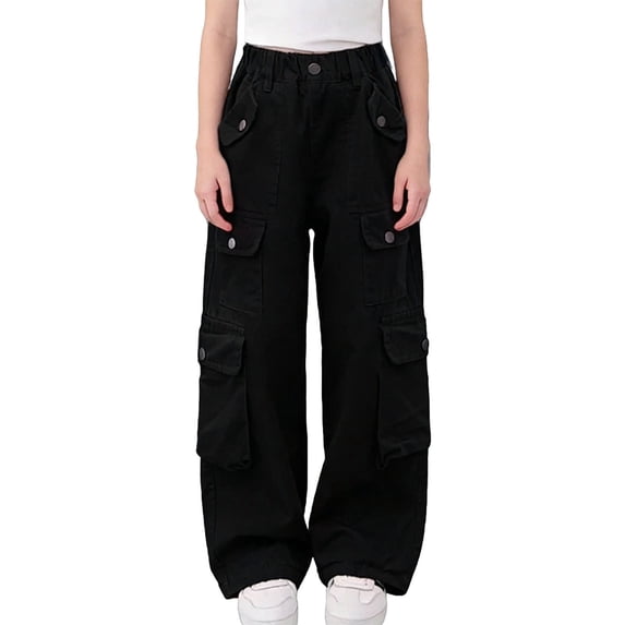 IFNWSV Girls Jeans Solid Loose High Waist Straight Cargo Casual Denim Black 3-4 Years