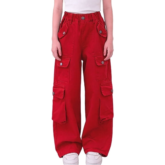 IFNWSV Girls Jeans Solid Loose High Waist Straight Cargo Casual Denim Red 13-14 Years