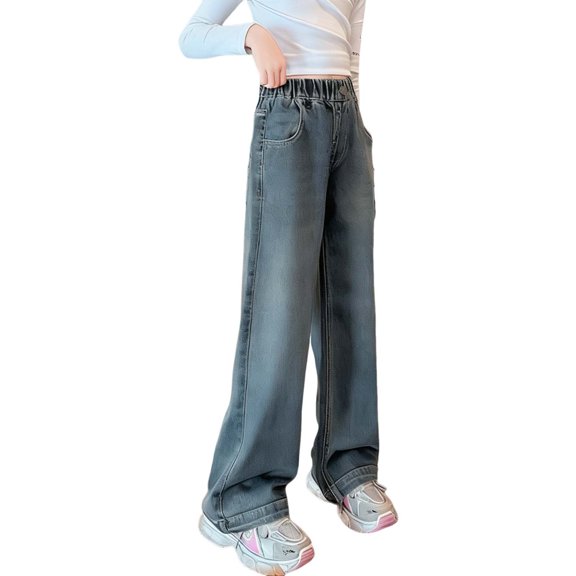 IFNWSV Girls Jeans Straight Wide Leg Heart Embroidery Print Casual Denim Blue 6-7 Years