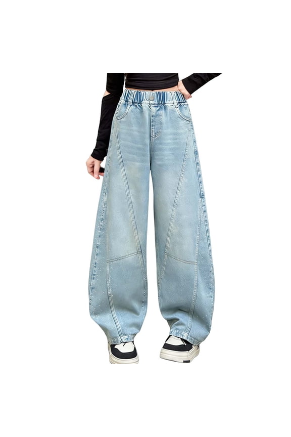 Girls Jeans Vintage Rhinestone Curve Cut Solid Loose Straight Denim Light Blue 12-13 Years