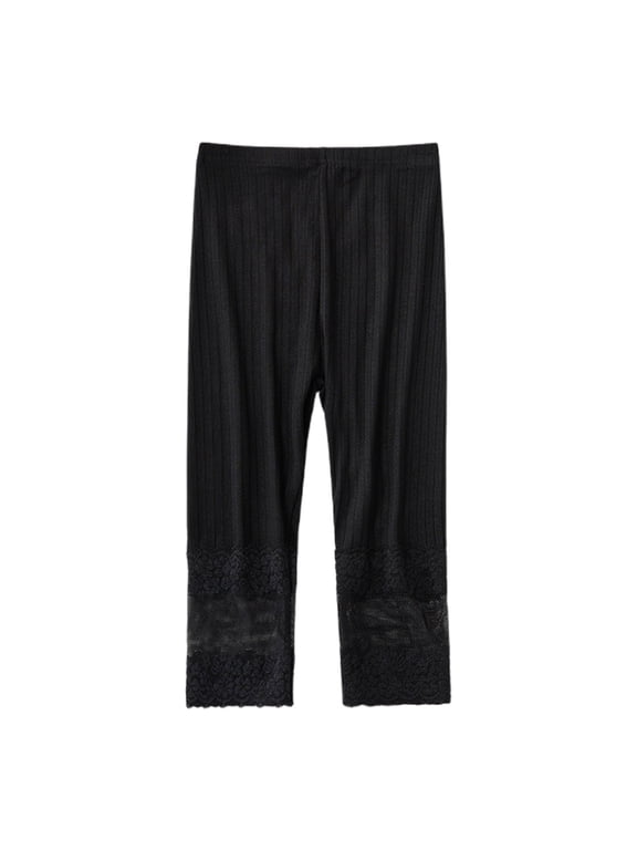 Girls Leggings Fashion Solid Color Bow Decor Spliced Lace Mid Waist Cropped Length Stretchy Trousers Black 5-6 Years