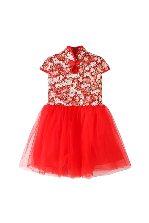 Girls Party Dress Sleeveless Chinese Cheongsam Red Gauze Layered A Line Princess Tutu Dress Red 1 Years