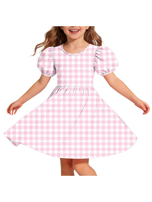 Girls Summer Dress Short Puff Sleeve Round Neck Gradient Open Back Cross Strap Casual Swing Dress Pink 14-15 Years