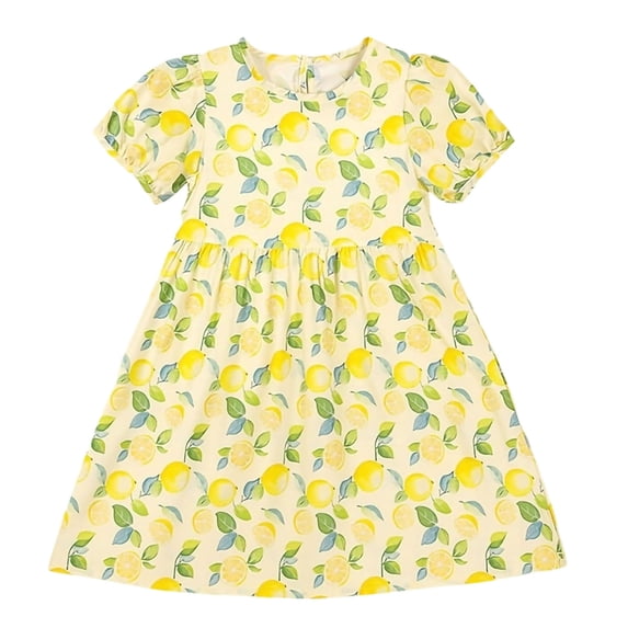 IFNWSV Girls Summer Dresses Short Puff Sleeve Floral Print A Line Casual Thin and Breathable Cotton Dress Yellow 16-17 Years