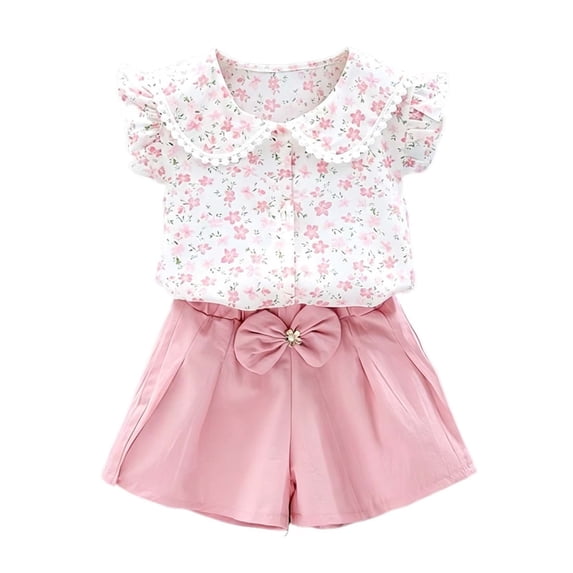 IFNWSV Girls Summer Outfits 2 Piece Floral Print Short Sleeve Casual Pan Collar Top and Bow Shorts Set Pink 3-4 Years