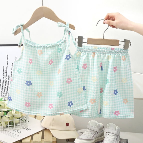 IFNWSV Girls Summer Outfits Baby Cute Leopard Print Splicing Short-Sleeve Round Neck Shorts Suit Light Blue 5-6 Years