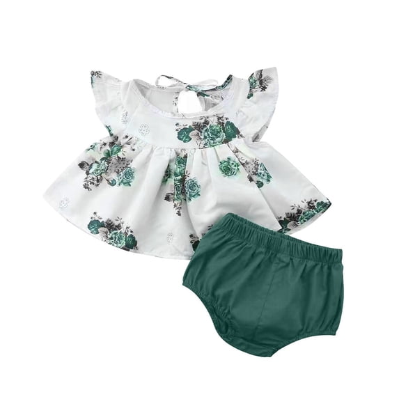 IFNWSV Girls Clothing Sets Short Sleeve Flutter Tie Front Top and Shorts Floral Print Summer Outfit Green 3 Months