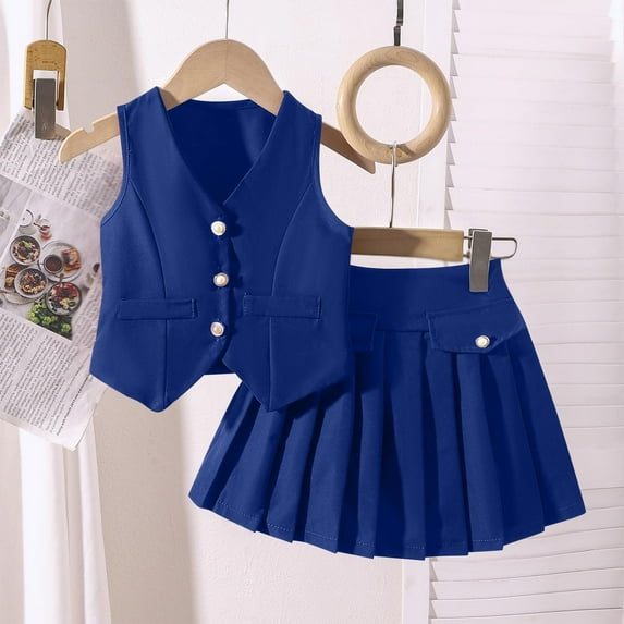 IFNWSV Girls Summer Outfits Fashion Kids Solid Color Sleeveless Short Suit Jacket Pleated Short Skirt Two-piece Set Blue 6 Years