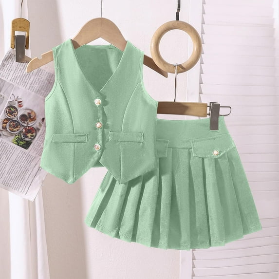 IFNWSV Girls Summer Outfits Fashion Kids Solid Color Sleeveless Short Suit Jacket Pleated Short Skirt Two-piece Set Green 4 Years