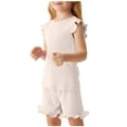 thumbnail image 1 of IFNWSV Girls Short Sets Solid Knit Ruffle Cap Sleeve Crewneck Top and Shorts 2 Piece Summer Clothing Beige 4-5Years, 1 of 7