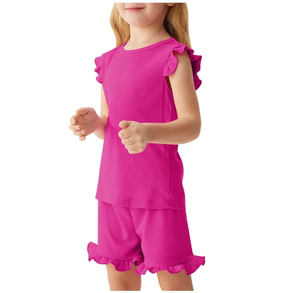 IFNWSV Girls Summer Outfits Kids Solid Color Comfortable Short Sleeve Round-Neck and Short Sets for Kids Hot Pink 4-5Years