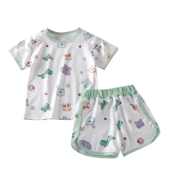 IFNWSV Toddler Outfits for Girls Short Sleeve Crew Neck Print Tee Elastic Shorts Pajama Set Green 6 Years