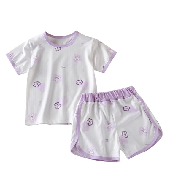 IFNWSV Toddler Outfits for Girls Short Sleeve Crew Neck Print Tee Elastic Shorts Pajama Set Purple 6 Years