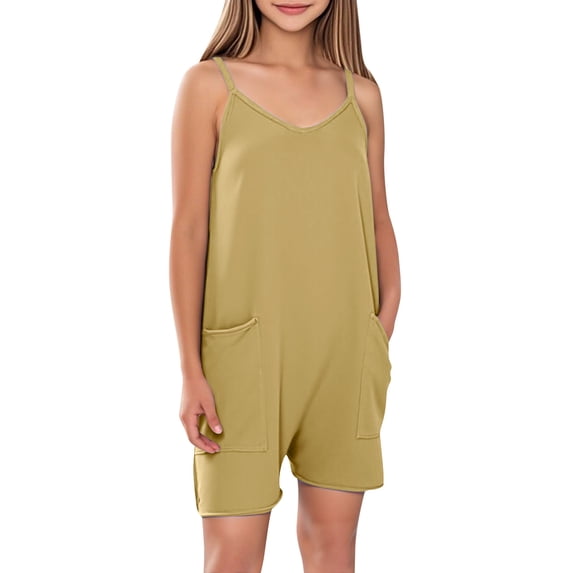 IFNWSV Girls Summer Shorts Sleeveless Casual Romper Spaghetti Strap Shorts Jumpsuit with Pockets Beige 9 Years