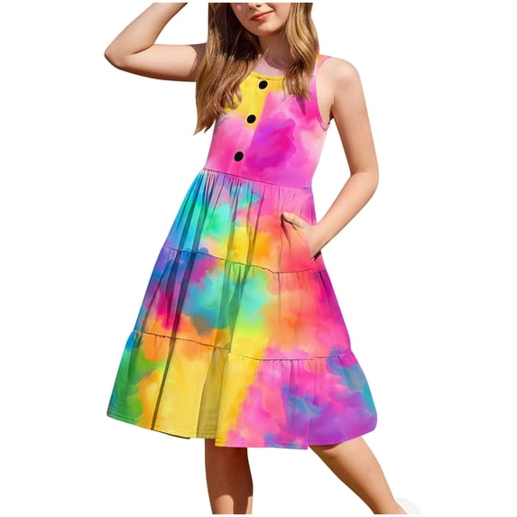 IFNWSV Girls Sundress Sleeveless Round Neck Button Down Tiered Flowy Hem Casual Dress with Pockets Multicolor 6-7 Years