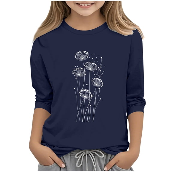 IFNWSV Girls T Shirts 3/4 Sleeve Round Neck Pullover Print Top Casual Graphic Tee for Daily School Uniform Navy 3-4 Years