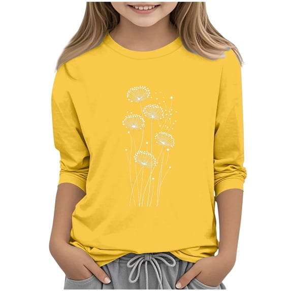 IFNWSV Girls T Shirts 3/4 Sleeve Round Neck Pullover Print Top Casual Graphic Tee for Daily School Uniform Yellow 4-5 Years