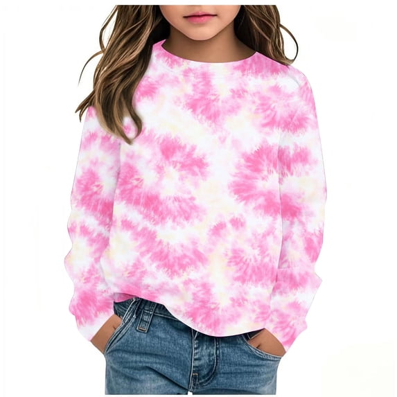 IFNWSV Girls T Shirts Long Sleeve Crew Neck Tie Dye Graphic Print Pullover Tee Casual Soft Blouse for Girls Pink 5-6 Years