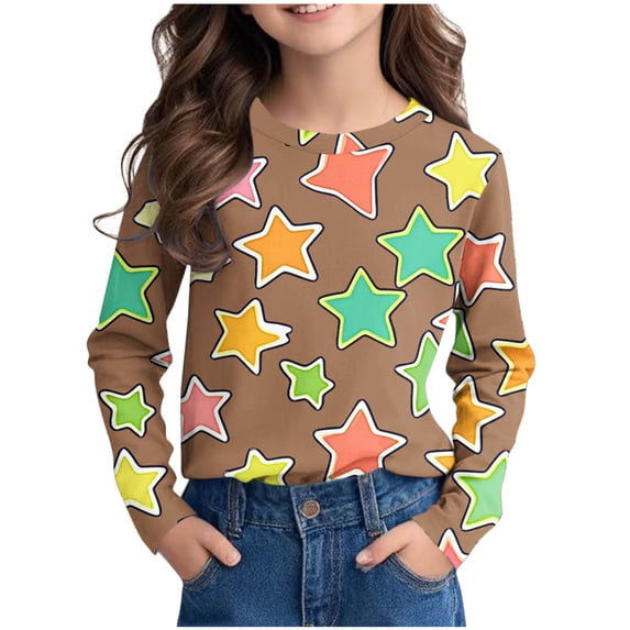 IFNWSV Girls T Shirts Long Sleeve Round Neck Star Gradient Print Pullover Tee Casual Soft Top for School Daily Brown 13 Years