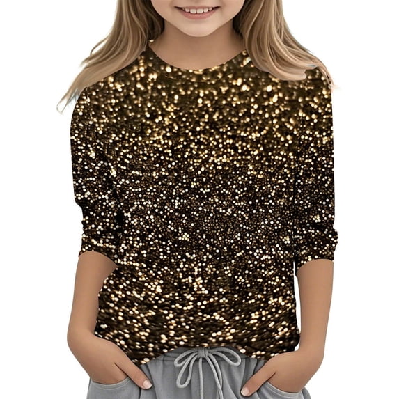 IFNWSV Girls Tops 3/4 Sleeve Round Neck Glitter Graphic Print Pullover Shirt Casual Tee for Girls Coffee 7 Years