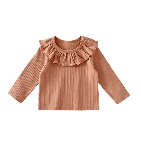 IFNWSV Girls Tops Long Sleeve Round Neck Solid Color Lace Collar Knit Pullover Top Casual Lightweight Shirt Brown 9-12 Months