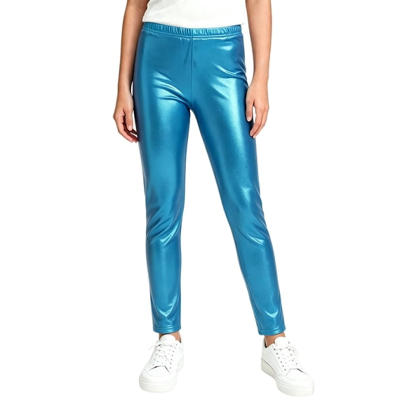 IFNWSV Girls Yoga Pants Solid Metallic Shine High Stretch Breathable Leggings for Dance Performance Sky Blue 5-6 Years