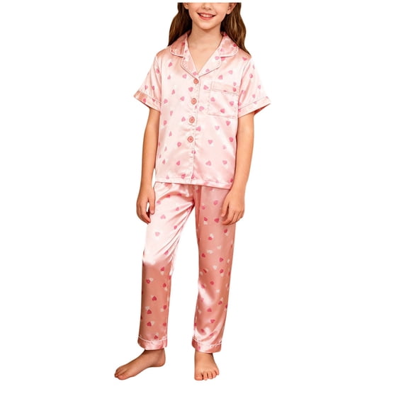 IFNWSV Girls Summer Outfits Kids Print Color Long Sleeve Trundown Neck Top Elastic Waisted Pants Mid Size Kids Casual Set Pink 8-9 Years