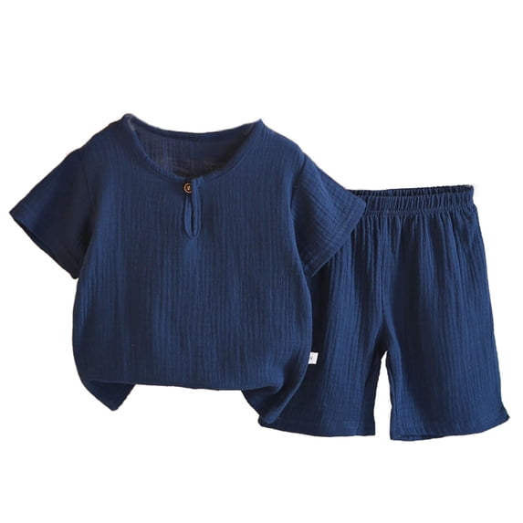 IFNWSV Girls 2 Piece Outfits Set Toddler Solid Color Short Sleeve Round Neck Top Casual with Elastic Waist Short Pants Navy 2-3 Years