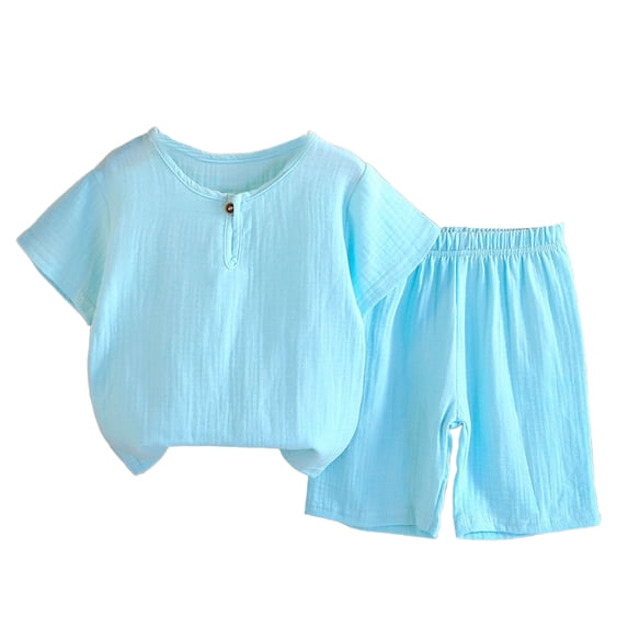 IFNWSV Girls 2 Piece Outfits Set Toddler Solid Color Short Sleeve Round Neck Top Casual with Elastic Waist Short Pants Sky Blue 0-1 Years