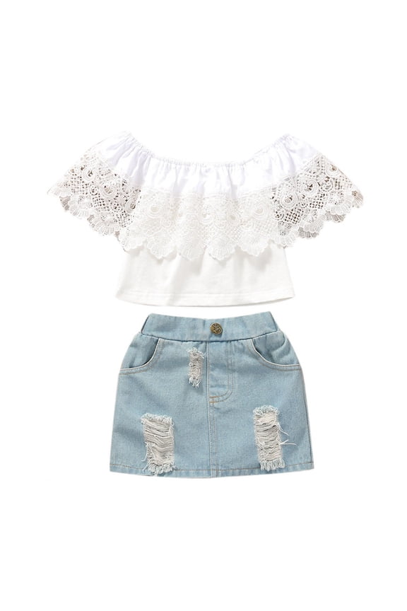 Girls Summer Outfits Comfor table Casual Shirt Set Off-the-shoulder and Denim Skirt Suit White 1-2Years