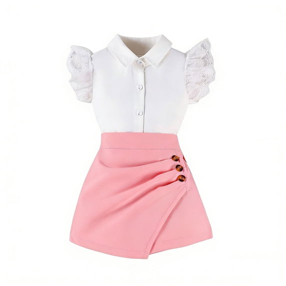 IFNWSV Girls 2 Piece Outfits Set Toddler Solid Color Lapel Lace Flutter Sleeve Top Casual with Irregular Skirt Pants Pink 1-2 Years