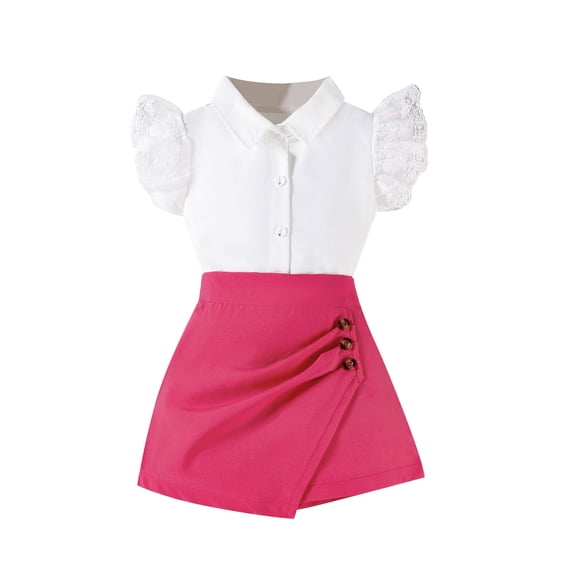 IFNWSV Girls 2 Piece Outfits Set Toddler Solid Color Lapel Lace Flutter Sleeve Top Casual with Irregular Skirt Pants Hot Pink 7-8 Years