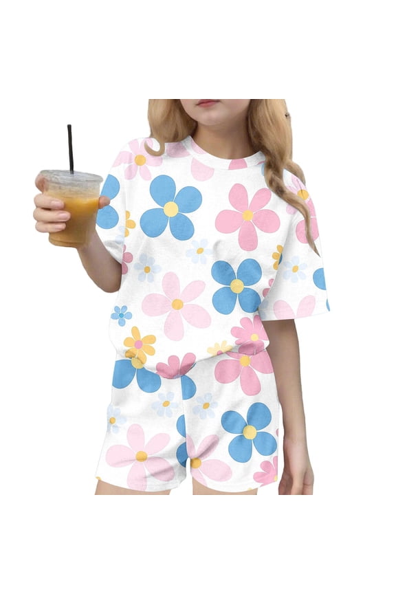 Girls Summer Outfits Print Leisure Round Neck Short Sleeves Top and Shorts Two-piece Set for Kids Multicolor 7-8 Years