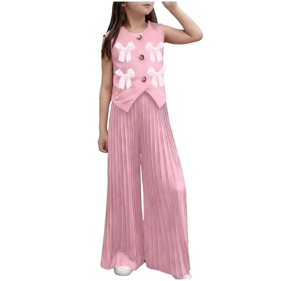 IFNWSV Girls 2 Piece Outfits Kids Solid Color Sleeveless Round Neck Bow Detail Casual Top with Wide Leg Pleated Pants Pink 4-5 Years