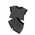 thumbnail image 1 of IFNWSV Toddler Outfits for Girls Solid Color Stripe Knitted Short Sleeve Round Neck Top with Regular Short Pants Black 2-3 Years, 1 of 6